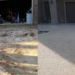 Split image of a driveway showing an unfinished dirt surface on the left and a finished concrete surface on the right.