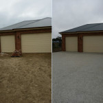 Before and After in Gisborne Side-by-side comparison of a garage with dirt foreground and the same garage with finished concrete driveway.