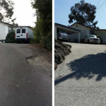 Before and After in Montmorency Before and after images of a driveway renovation from cracked to newly resurfaced condition.