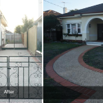 Before and After in Carnegie Side-by-side comparison of a house pathway before and after renovation, showing an initial narrow, uneven path replaced with a smooth, gravel driveway and new wrought iron gates.
