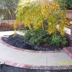 A curved pathway can give a soft feel to the entrance of your home A garden with a curved concrete path bordered by red bricks, featuring shrubs, a tree with yellow leaves, and a red-brick wall with a sculpture.