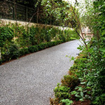 Gravel pathway bordered by lush greenery.