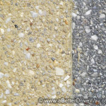 Exposed aggregate borders can be created Two different aggregate surfaces side by side, one light beige and one dark grey.