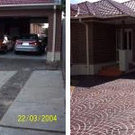 Before and After Split image of a driveway before and after renovation, showing old and new surfaces.