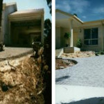Before and After Two side-by-side images of the same house; left shows an unfinished dirt driveway, right shows a completed paved driveway.