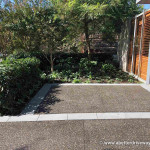 Residential driveway with greenery and a modern house with wooden slats.